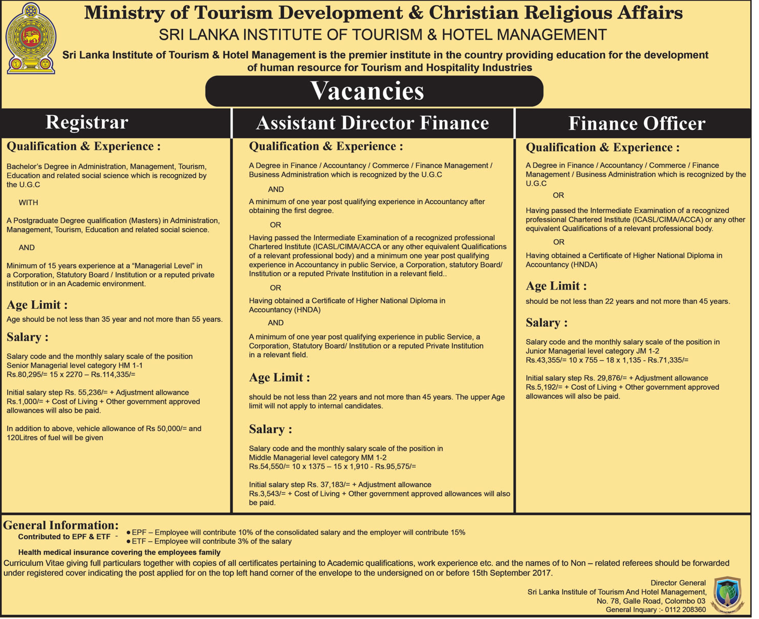 Registrar, Assistant Director Finance, Finance Officer - Sri Lanka Institute of Tourism & Hotel Management